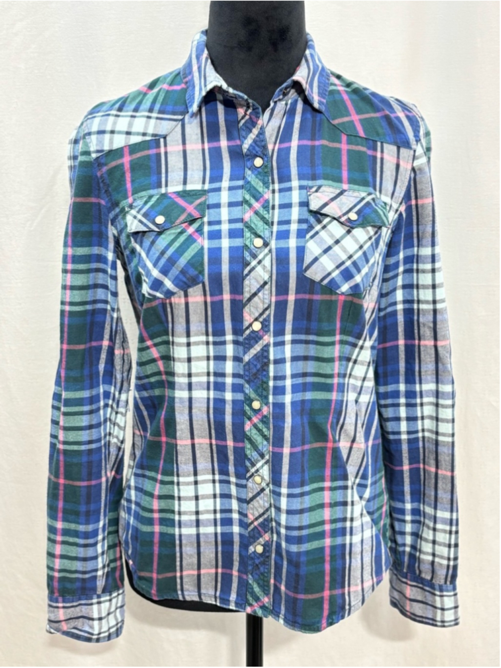Tommy Hilfiger Plaid Western Button Up Shirt Pearl Snap Blue Green Pink Sz S 383